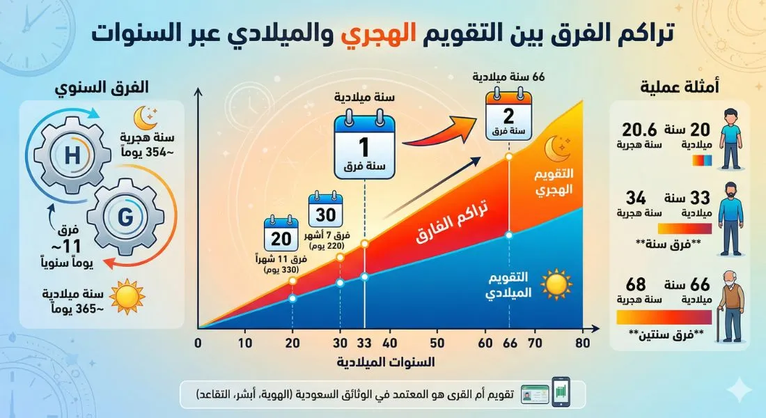 مخطط يوضح تراكم فرق العمر بين الهجري والميلادي